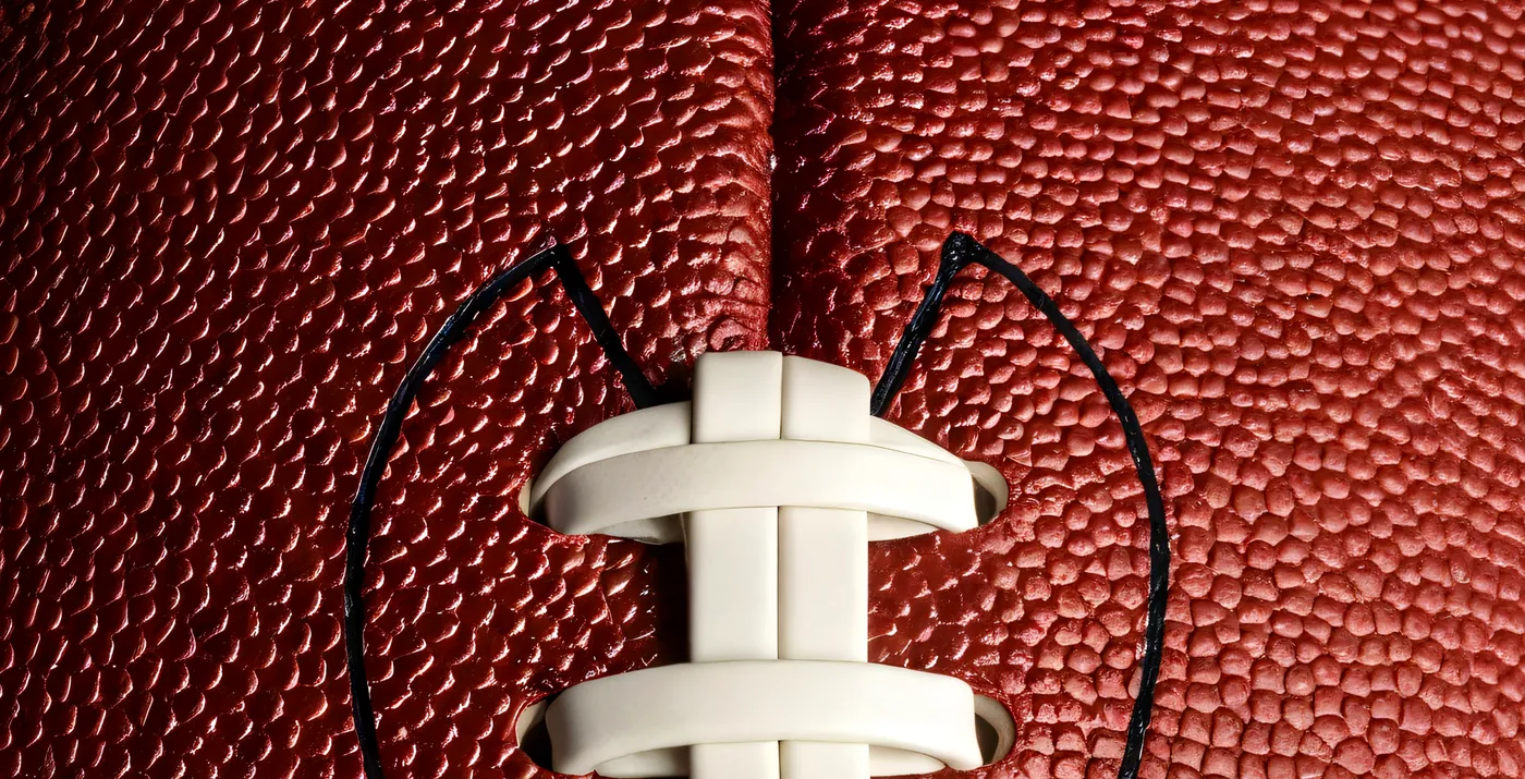 Close-up of raised football leather and laces on a phone case